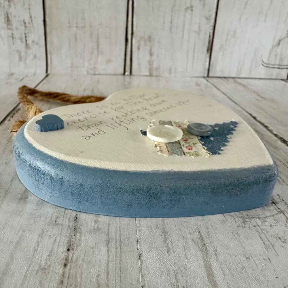 Rustic Wooden Heart Wall Plaque Inspirational Quote Blue White Cottagecore Sign